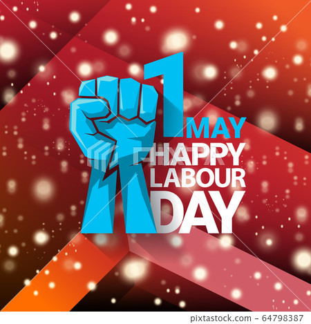 1 may Happy labour day vector label with strong protest fist isolated on red background with rays. vector happy labor day background or banner with man hand. workers may day poster 64798387
