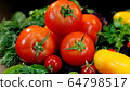 Red Tomatoes and green spices. Dew drops on fresh red tomatoes 64798517
