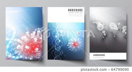 Vector layout of A4 cover mockups templates for brochure, flyer layout, booklet, cover design, book design. 3d medical background of corona virus. Covid 19, coronavirus infection. Virus concept. 64799090