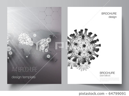Vector layout of A4 cover mockups templates for brochure, flyer layout, booklet, cover design, book design. 3d medical background of corona virus. Covid 19, coronavirus infection. Virus concept. 64799091
