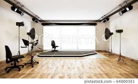 Studio - Modern Film Studio with white Screen. 3D Studio - Modern Film Studio with white Screen. 3D 64800381