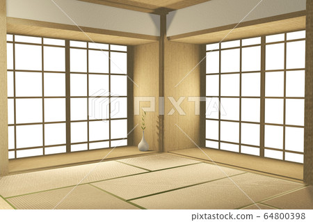 Empty big room Japanese tropical style. 3D 64800398