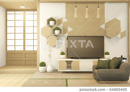 Tv cabinet in tropical empty room Japanese - zen 64800400