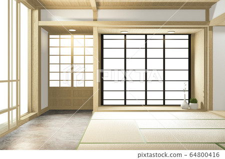 Empty big room Japanese tropical style. 3D 64800416