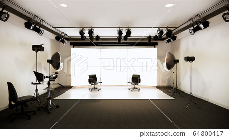 Studio - Modern Film Studio with white Screen. 3D Studio - Modern Film Studio with white Screen. 3D 64800417