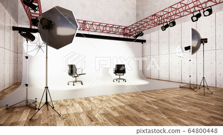 Studio - Modern Film Studio with white Screen. 3D Studio - Modern Film Studio with white Screen. 3D 64800448