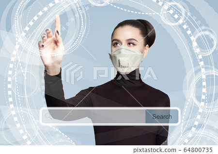Young woman in medical face mask with empty 64800735
