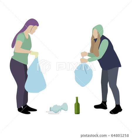 Volunteers collect garbage in packets 64801258