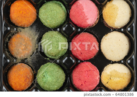 Mold on cookies in tray. Moldy, expired macarons cookies Mold on cookies in tray. Moldy, expired macarons cookies 64801386