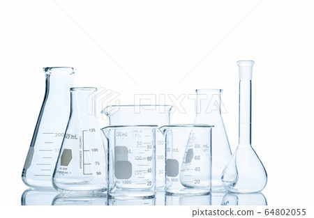 Flasks and measuring beaker for science experiment Flasks and measuring beaker for science experiment 64802055