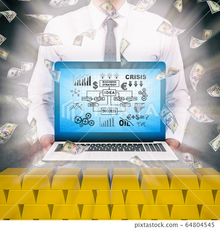 Trader man holding laptop with business strategy 64804545