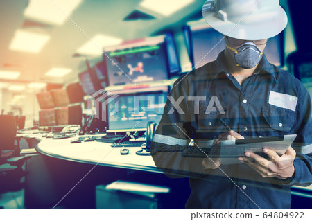 Double exposure of man wearing a mask N95 used 64804922