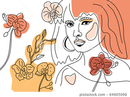 Abstact Woman Face Minimal Line Style ol-line drawing. Contemporary color collage of geometric shapes in a modern trendy style. Vector female Portrait. Beauty Concept, t-Shirt Print, card, poster 64805098