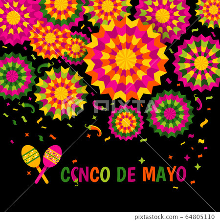 Abstract background with ethnic ornament. Element with mexican pattern. Template for greeting card, invitation or poster. Vector file celebrate illustration on black. 64805110