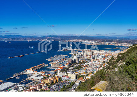 Panoramic view of the port of Gibraltar and the Panoramic view of the port of Gibraltar and the 64805344