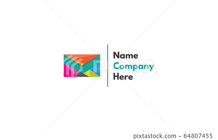 Vector logo on which an abstract image of an envelope composed of colored geometric shapes in which you can see the outline of the letter M. 64807455