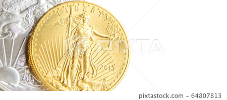 silver eagle and golden american eagle one ounce coins 64807813
