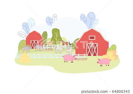 Farm Red Barn with Pig Horse Sheep Goat in Corral 64808343