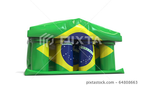 Deflating inflatable bank or government building with printed flag of Brazil. Brazilian economic or political crisis related conceptual 3D rendering 64808663