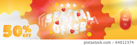 Super sale of 50 percent Special Offer. Long web banner with hot discounts and original font with red hearts on a background with clouds and light effects. Flat vector illustration EPS10 64812374