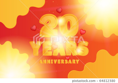 20th Anniversary celebration. Orange numbers and text with sparkling glitters with hearts on the red background. Greeting Card for holiday party event. Flat vector illustration EPS 10. 20th Anniversary celebration. Orange numbers and text with sparkling glitters with hearts on the red background. Greeting Card for holiday party event. Flat vector illustration EPS 10. 64812380