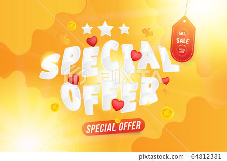 Super sale of 50 percent Special Offer. Horizontal web banner with hot discounts and original font with red hearts on a background with clouds and light effects. Flat vector illustration EPS10 Super sale of 50 percent Special Offer. Horizontal web banner with hot discounts and original font with red hearts on a background with clouds and light effects. Flat vector illustration EPS10 64812381