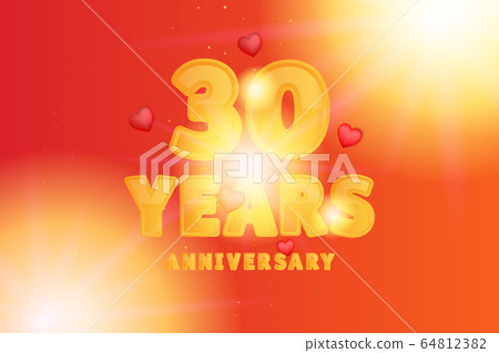 30th Anniversary celebration. Orange numbers and text with sparkling glitters with hearts on the red background. Greeting Card for holiday party event. Flat vector illustration EPS 10. 30th Anniversary celebration. Orange numbers and text with sparkling glitters with hearts on the red background. Greeting Card for holiday party event. Flat vector illustration EPS 10. 64812382