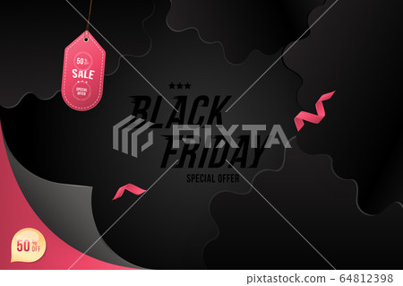 Horizontal banner Black Friday 50 offer. Design template card with pink label on black background. Flat vector illustration EPS 10 Horizontal banner Black Friday 50 offer. Design template card with pink label on black background. Flat vector illustration EPS 10 64812398