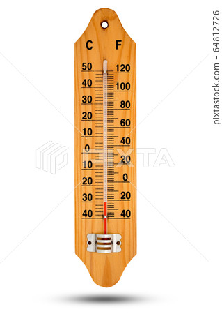 Thermometer on wooden base with celsius scale. 64812726