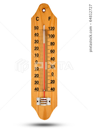 Thermometer on wooden base with celsius scale. 64812727