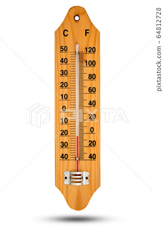 Thermometer on wooden base with celsius scale. 64812728