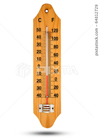 Thermometer on wooden base with celsius scale. 64812729