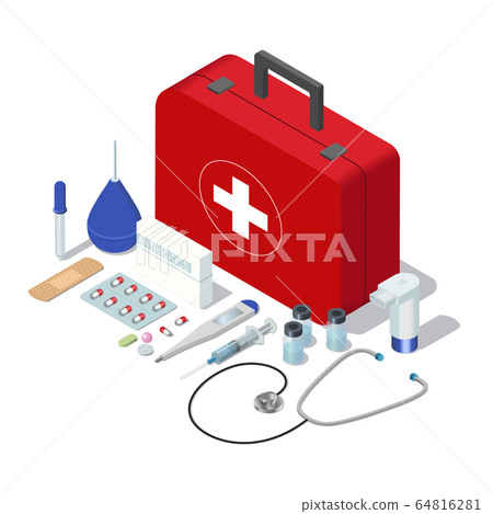 Isometric set of isolated doctor case first aid kit tools and medicaments. Vector web infographics 64816281