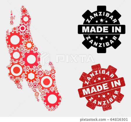 Mosaic Zanzibar Island Map of Gear Elements and Grunge Seal 64816301