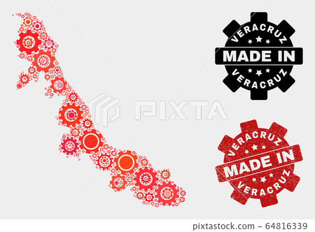 Mosaic Veracruz State Map of Cogwheel Elements and Grunge Stamp Mosaic Veracruz State Map of Cogwheel Elements and Grunge Stamp 64816339