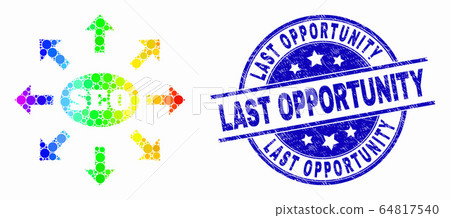 Vector Rainbow Colored Dotted Seo Distribution Arrows Icon and Scratched Last Opportunity Stamp Seal Vector Rainbow Colored Dotted Seo Distribution Arrows Icon and Scratched Last Opportunity Stamp Seal 64817540