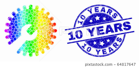 Vector Bright Pixel Repair Wrench Icon and Distress 10 Years Stamp Seal 64817647