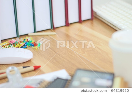 Workspace with office equipments on wood desk work Workspace with office equipments on wood desk work 64819930