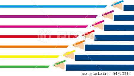 Illustration of seven colored pencils and hands 64820313