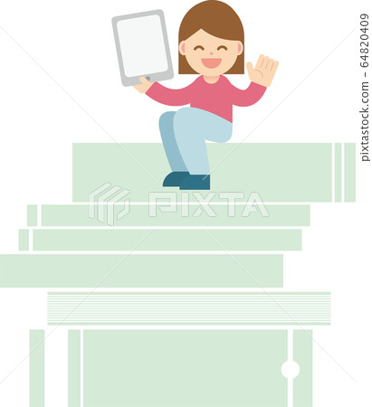 Smiling woman with tablet sitting on books Smiling woman with tablet sitting on books 64820409