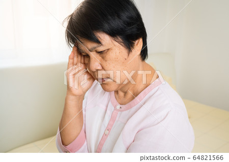headache, stress, migraine of old woman, healthcare problem of senior concept 64821566
