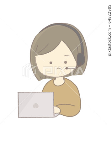 A woman who is puzzled with a headset and a personal computer 64822985