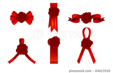 Wax Seals with Red Ribbon Tied in Many Ways Vector Set Wax Seals with Red Ribbon Tied in Many Ways Vector Set 64823916