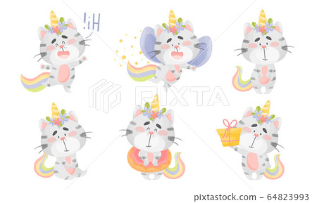 Cute Striped Cat Unicorn with Rainbow Tail and Twisted Horn Greeting and Carrying Gift Box Vector Set Cute Striped Cat Unicorn with Rainbow Tail and Twisted Horn Greeting and Carrying Gift Box Vector Set 64823993