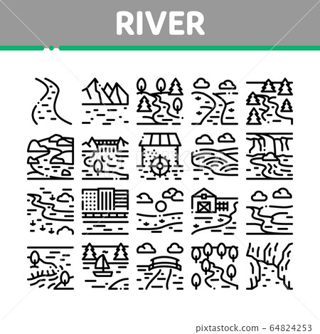 River Landscape Collection Icons Set Vector 64824253