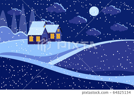 Night winter landscape scene with moon and houses. - Stock Illustration ...
