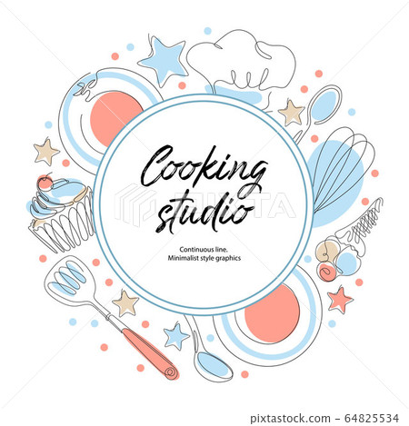 Culinary products and cooking utensils. Cupcakes, plates, spoons, cook hat. Culinary products and cooking utensils. Cupcakes, plates, spoons, cook hat. 64825534