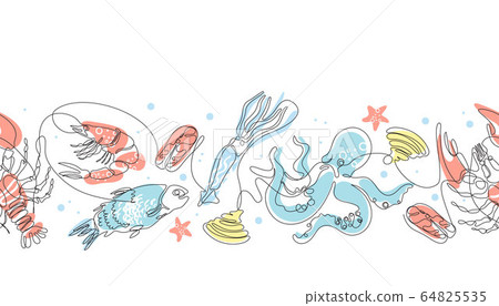 Seamless pattern with seafood. Fish, shrimp, crayfish, octopus, fish steak, squid. Seamless pattern with seafood. Fish, shrimp, crayfish, octopus, fish steak, squid. 64825535