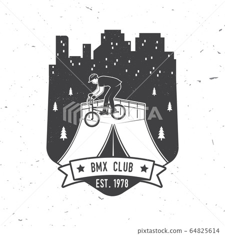 Bmx extreme sport club badge. Vector. Concept for shirt, logo, print, stamp, tee with man ride on a sport bicycle. Vintage typography design with bmx cyclist and night city silhouette. 64825614