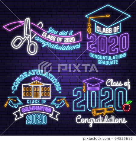 Set of Vector Class of 2017 neon bright signboard, light banner. Vector. Neon typography design with ribbon and scissors. Graduation design with hut and text Class of. Set of Vector Class of 2017 neon bright signboard, light banner. Vector. Neon typography design with ribbon and scissors. Graduation design with hut and text Class of. 64825655